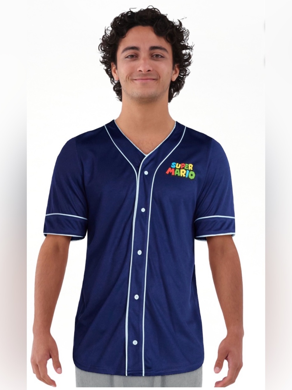 Nintendo Super Mario Navy Blue Baseball Jersey; size: Small